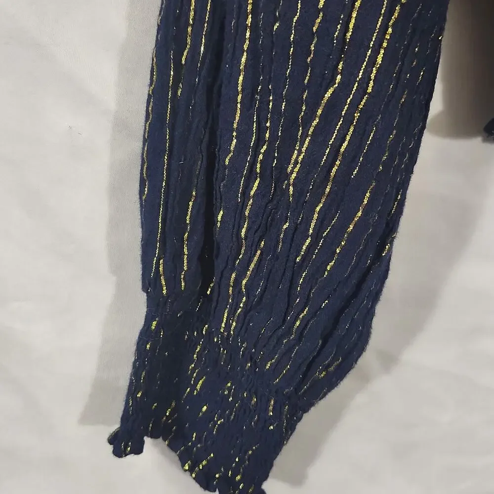 Boden Navy Gold Striped Lurex Smocked Cropped Blouse Top Size 4 Balloon Sleeve